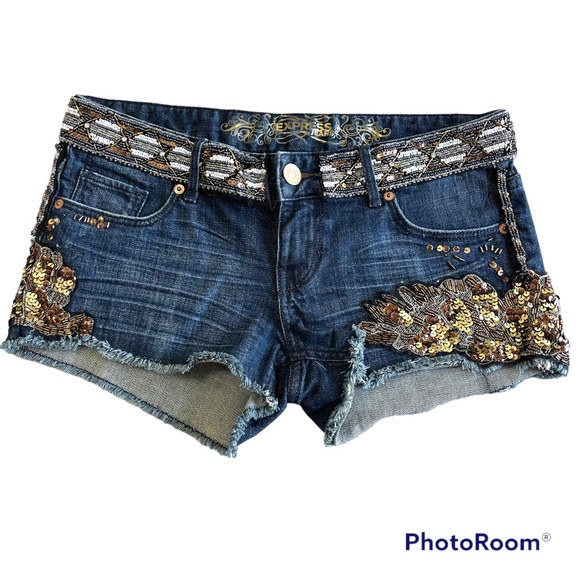 EUC! EXPRESS Embellished Sequin Beaded Raw Hem Cut Off Dark Blue Shorts Size 2 - Picture 1 of 8